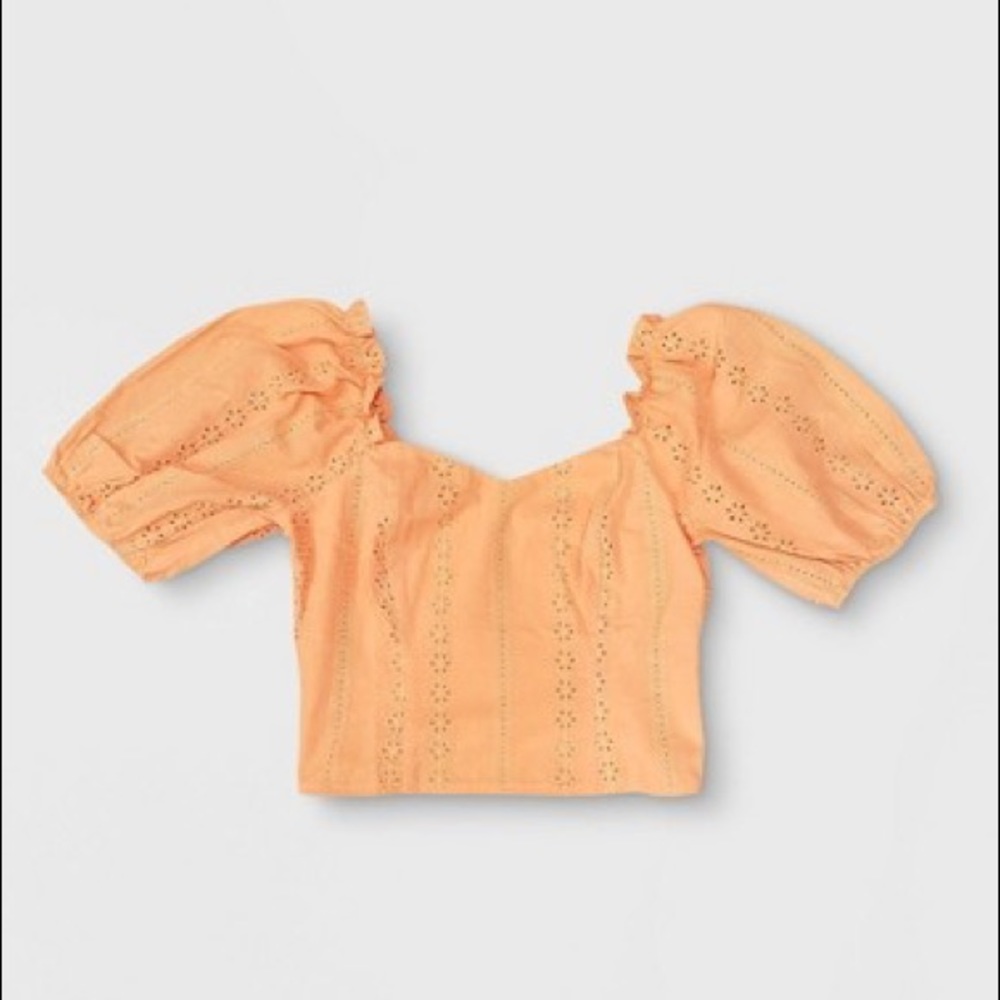 Short Puff Sleeve Cropped Eyelet Detail Top